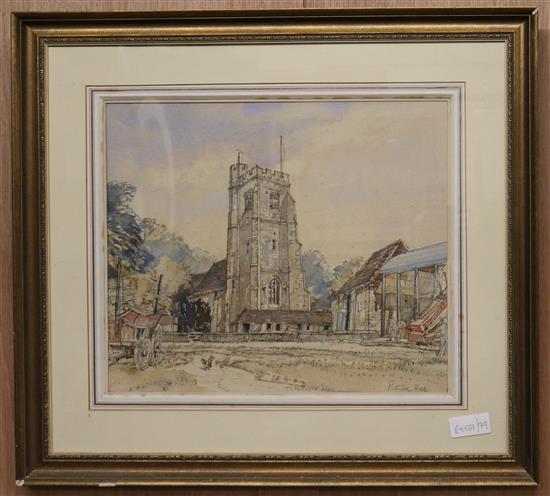 Patrick Hall, charcoal and watercolour, View of a church, signed, 37 x 43cm